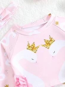 SHEIN 嬰兒女童天鵝印花拼接長袖防曬泳衣,底部有荷葉邊 - 粉色 - 查看 4