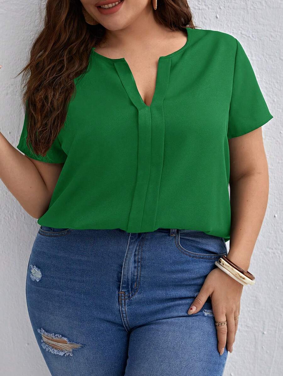 SHEIN Clasi Plus Size Notched Neck Short Sleeve Blouse - Green - View 1