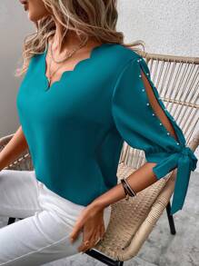 SHEIN Clasi Blusa Para Mujer Con Hombro Al Descubierto, Dobladillo Arqueado Y Cuello En V - Agua verde azul - Ver 1