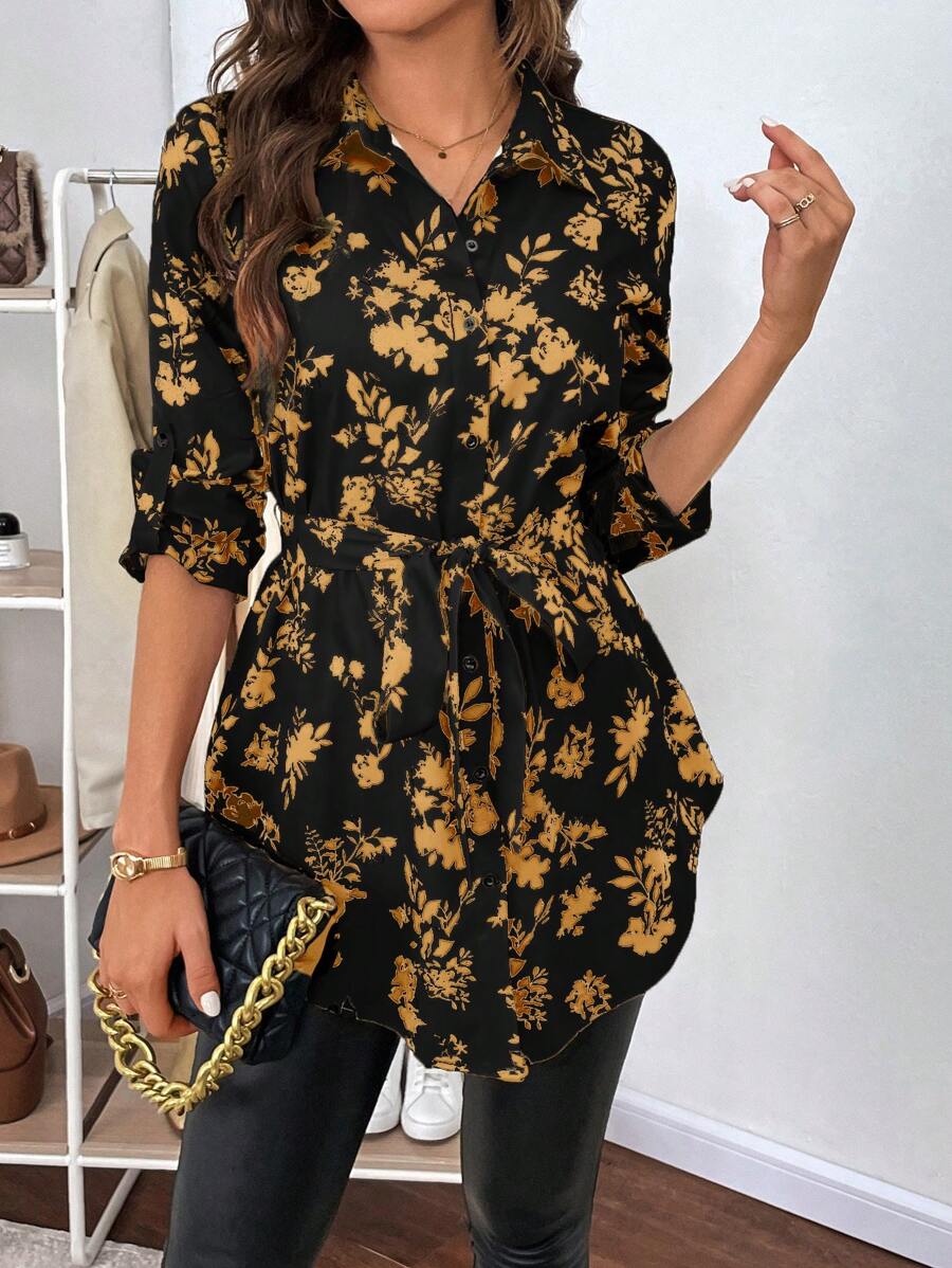 SHEIN Clasi Của phụ nữ In thực vật Tay áo dài Áo sơ mi - Màu vàng - Xem 1