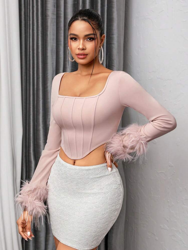 Solid Color Furry Cuff Cropped T-Shirt Fall Cloth For Women