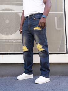 Manfinity Roughcore 男士加大號破洞水洗牛仔褲 - 藍色 - 查看 6