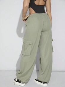 SHEIN EZwear Women's Solid Color Drawstring Cargo Pants - Army Green - View 2