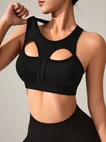 Easithlete Women's Solid Color Hollow Out Sports Bra - Black - View 1