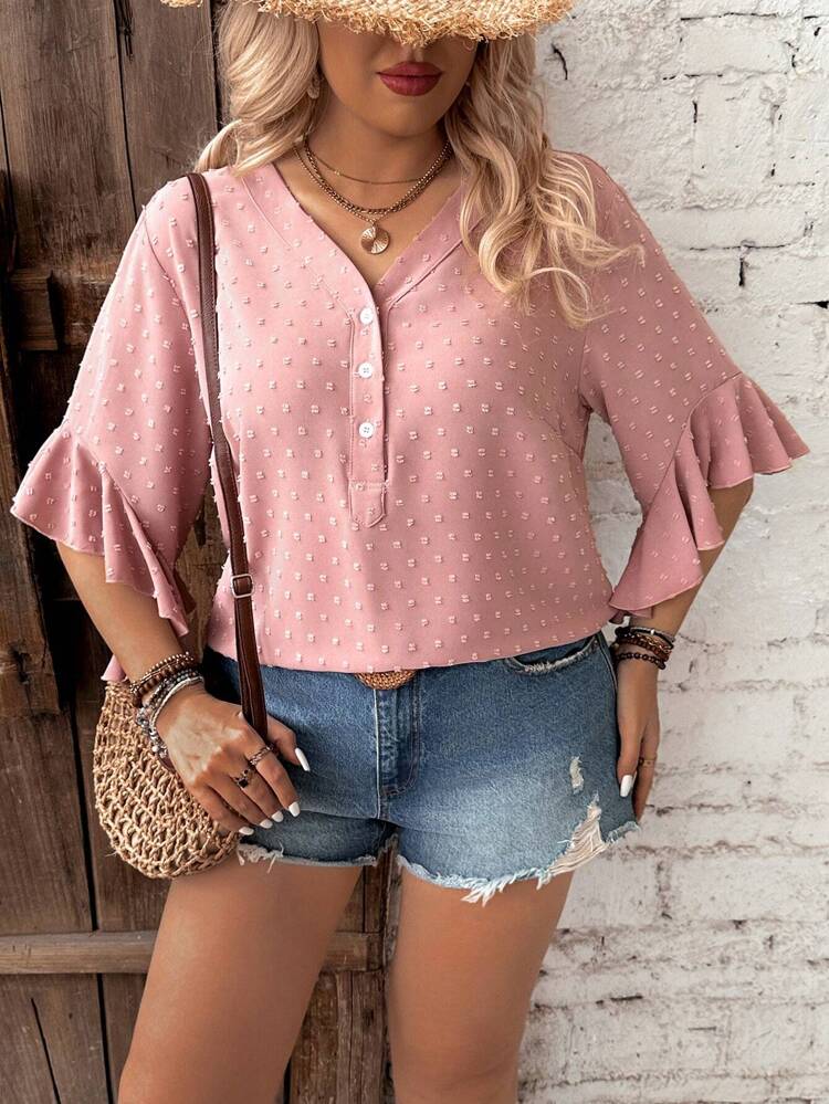 Plus Size Women's Swiss Dot Blouse With Ruffled Sleeves