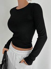 DAZY Của phụ nữ Chất rắn Kết cấu Vòng cổ Thon gọn Tay áo dài Áo thun - màu đen - Xem 1