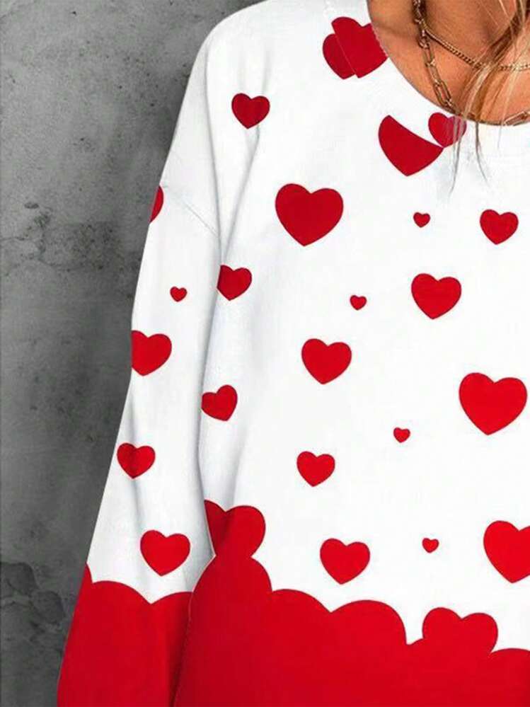 SHEIN LUNE Sudadera De Talla Grande Con Impresión De Corazón Amoroso En Bloque De Color - Blanco - Ver 3