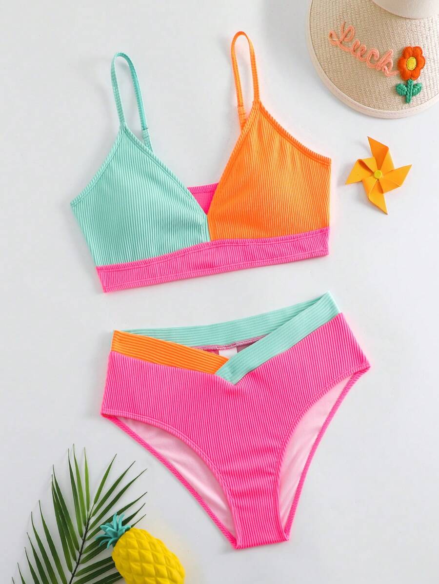 Teen Girls Multicolor Splicing Bikini Set 2pcs/Set Summer Beach - Multicolor - View 1
