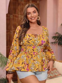 SHEIN VCAY Plus Size Flower Printed Lantern Sleeve Shirt - Yellow - View 5
