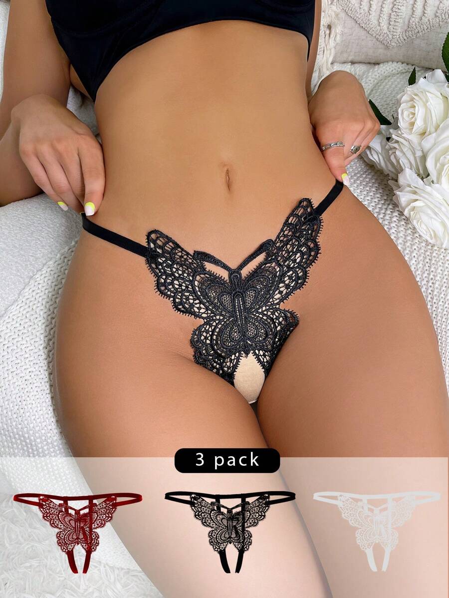 3件套情人节蝴蝶珍珠无裆丁字裤 - 彩色 - 查看 1