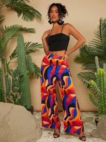 Travachic Vacation Style Women's Crop Top Camisole & Printed Loose Pants 2pcs/Set - Black - View 1