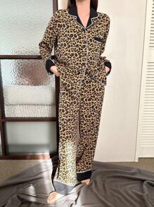 DAZY Color Block Leopard Print Edge Rolling Long-Sleeved Top And Pants Pajamas Set