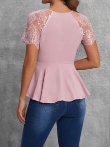 SHEIN Clasi Women's Keyhole Neckline Lace Raglan Short Sleeve Blouse With Ruffle Hem