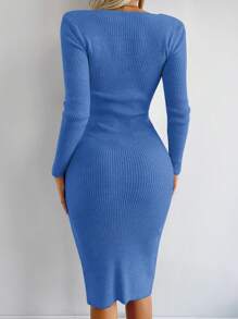 EURMUSE Solid Ribbed Knit Bodycon Sweater Dress Without Belt - Blue - View 2