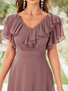 UNITHORSE Chiffon Ruffle Trim Bridesmaid Dress - Dusty Pink - View 4