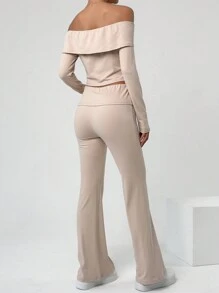 SHEIN EZwear Women's Solid Color Off-Shoulder Long Sleeve T-Shirt And Bell Bottoms Two Pieces Set - Khaki - View 2