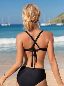 SHEIN Swim 女士交叉设计比基尼套装带金属扣装饰音乐节夏日海滩 - 黑色 - 查看 2