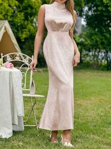 SHEIN Belle 玫瑰提花立領無袖魚尾晚禮服,搭配腰帶和後繫帶 - 香檳色 - 查看 1