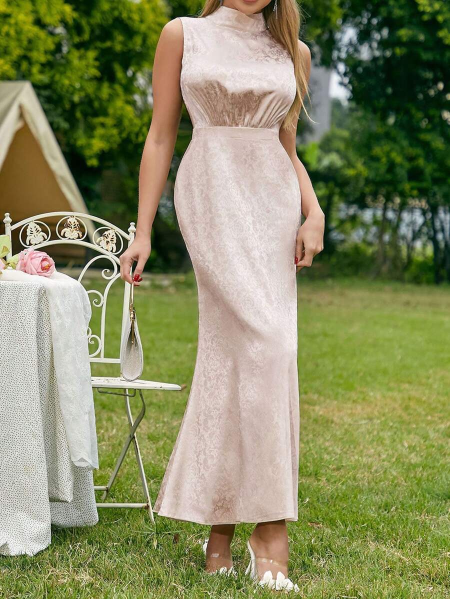 SHEIN Belle 玫瑰提花立領無袖魚尾晚禮服,搭配腰帶和後繫帶 - 香檳色 - 查看 1