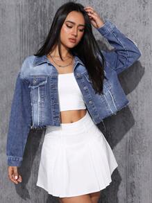 SHEIN EZwear سترة نسائية من قماش الدنيم بأزرار أمامية بحاشية متوترة - الأزرق - مشاهدة 6