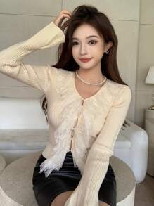 DAZY Lace Joint Cardigan With Buttons For Women - Beige - View 4