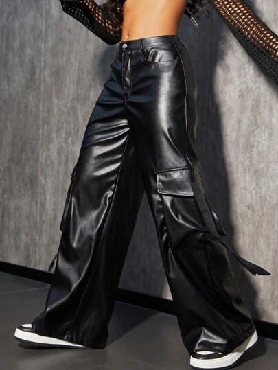 Apperloth A 街头翻盖口袋侧 PU 皮革阔腿工装裤朋克音乐节