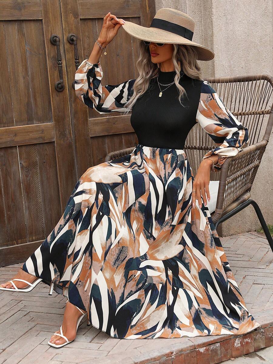 SHEIN Clasi 随机印花长袖连衣裙 Maxi 女士服装 - 黃色 - 查看 1