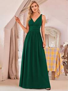 EVERPRETTY Vestido de dama de honor elegante de gasa con cuello en V sin mangas, fruncido, largo, de color verde oscuro, para boda, graduación y eventos formales