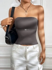 SHEIN EZwear Quý cô Màu thuần Không lưng Ống ngọn - Màu xám đen - Xem 4