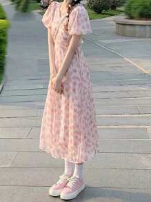 DAZY 女士花卉印花蓬蓬袖裙 - 粉色 - 查看 4