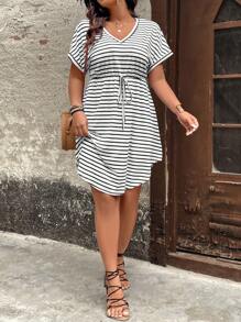 EMERY ROSE Plus Size Women Striped Cinching Waist Dress, Summer