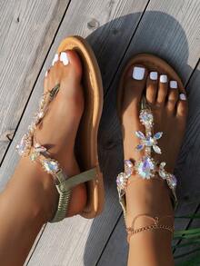 Sandalias Planas Antideslizantes Gris Con Decoración De Piedras De Estrás, Diseño De Clip De Dedo Y Correa Transparente Adecuados Para Una Apariencia Sexy De Playa Y Vacaciones - Gris - Ver 5