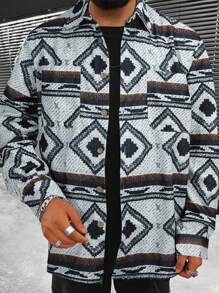 Men's Long Sleeve Casual Geometric Color Block Turn-Down Collar Short Shacket - White - View 1