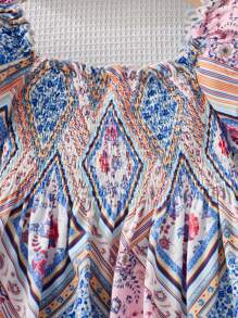 SHEIN Tween Girls' Vintage Floral Print Square Neckline Pleated Bubble Sleeve Loose Casual Dress - Multicolor - View 5