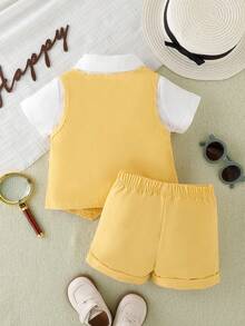 夏季嬰兒男孩紳士通勤套裝三件套 - 黃色 - 查看 2