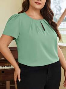 SHEIN Clasi Kích thước lớn Đường viền lỗ khóa Ngắn tay Áo sơ mi - Màu xanh Bạc hà - Xem 4