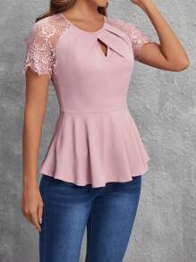 SHEIN Clasi Women's Keyhole Neckline Lace Raglan Short Sleeve Blouse With Ruffle Hem
