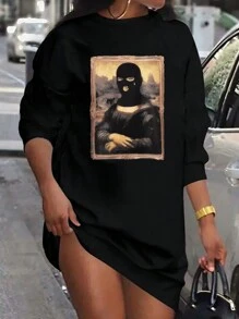 Maweii 大尺碼女士有趣圖案的運動衫連衣裙 - 黑色 - 查看 4