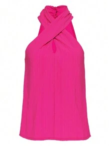 SHEIN Regata Feminina Texturizada Alça Cruzada Pescoço - Rosa chiclete - Visão 1