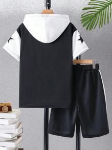 Teen Boy Set Letter Printed Hooded Shirt And Shorts - Black and White - View 2
