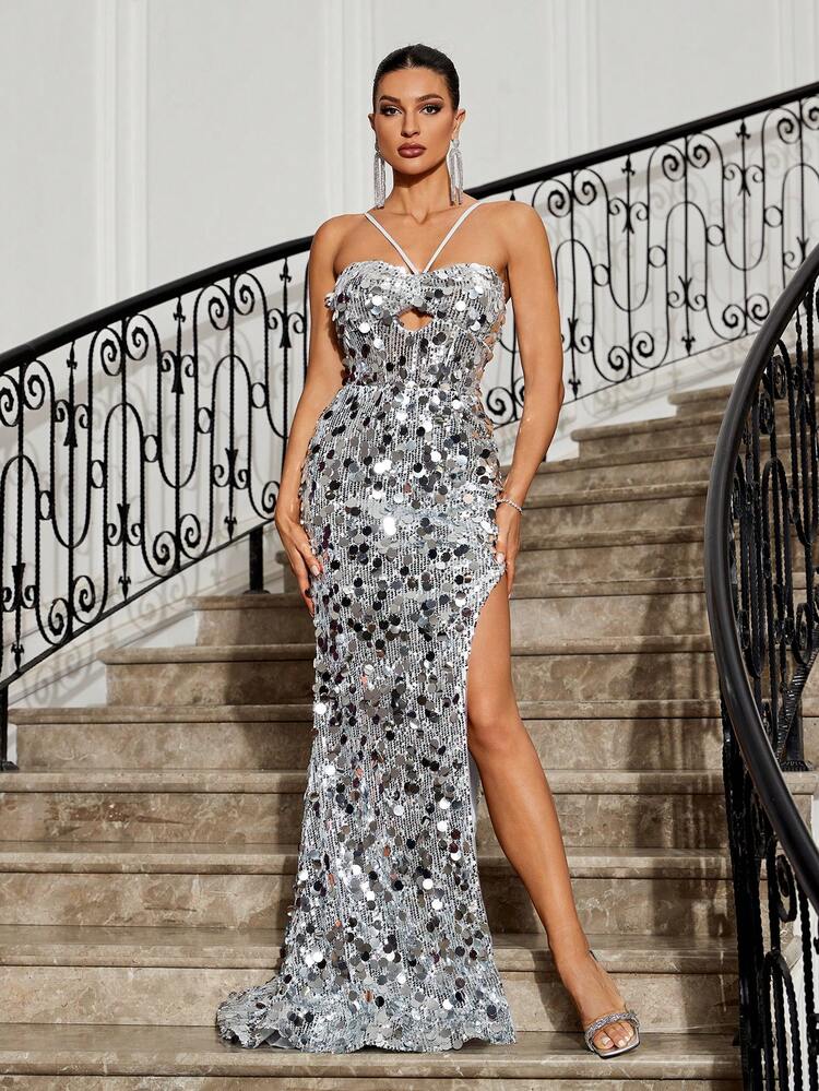 Women's Elegant Front Fold Hollowing With Beaded Glittering  Fabric Backless Back Neck Ties And High Split Fishtail Towing Heavy Industry Easter Party Evening Dress