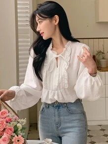 DAZY 女式灯笼袖衬衫，领口系带，荷叶边，长袖荷叶边上衣 - 白色 - 查看 1