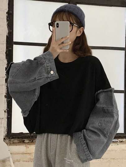 Contrast Sleeve Drop Shoulder Raw Hem Oversized Tee