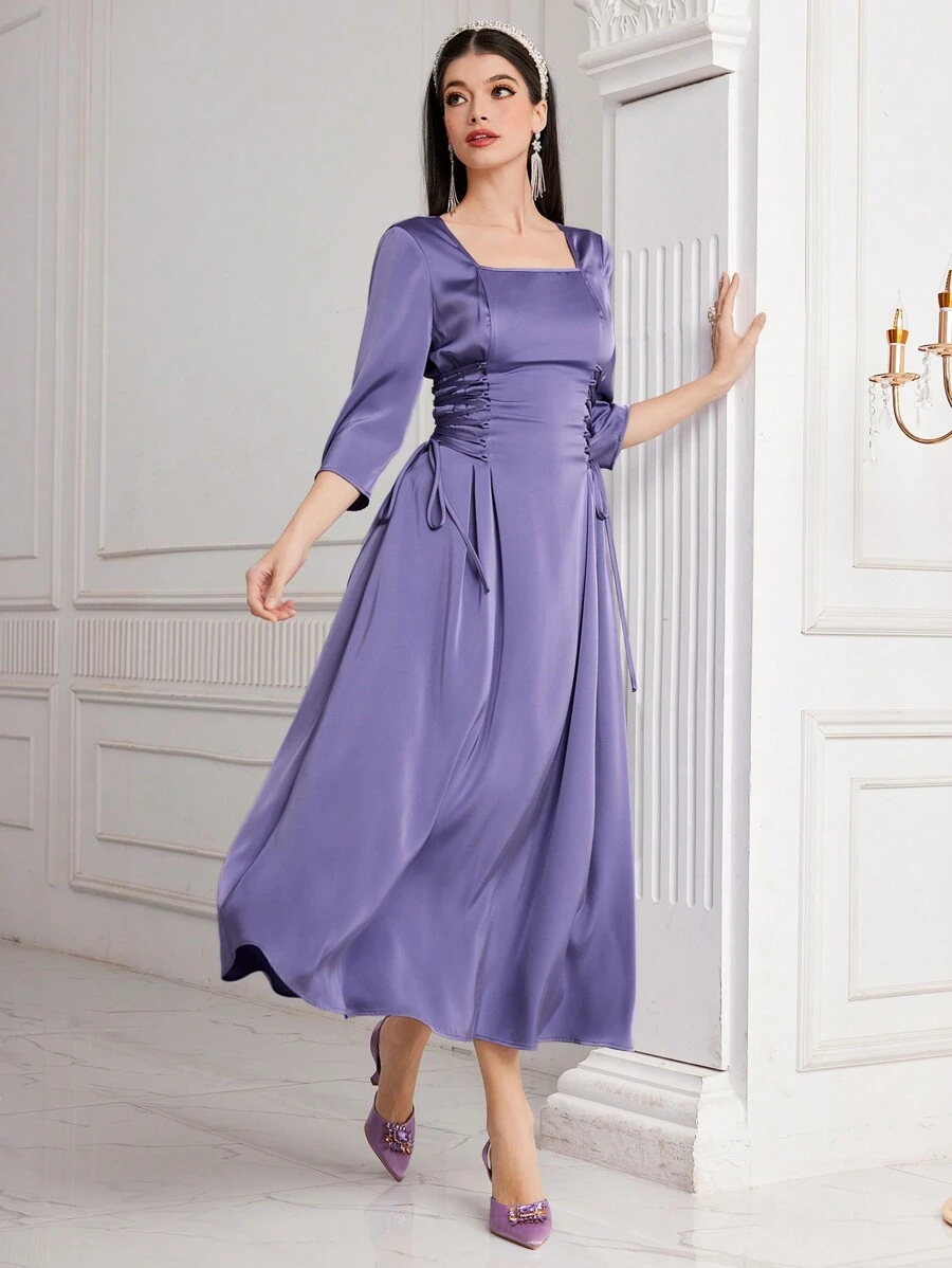 Modelyn Women's Square Neckline Side Tie Dress - Purple - View 1