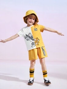 TOM & JERRY X SHEIN Young Boy Cartoon Graphic Colorblock Tee And Shorts Set - Yellow - View 9