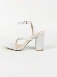 女式性感銀色高跟涼鞋優雅方頭踝帶粗跟鞋時尚舒適鞋 - 銀色 - 查看 3