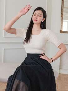 DAZY Ladies' Knitted Top With Square Neckline And Short Puff Sleeves - Beige - View 6