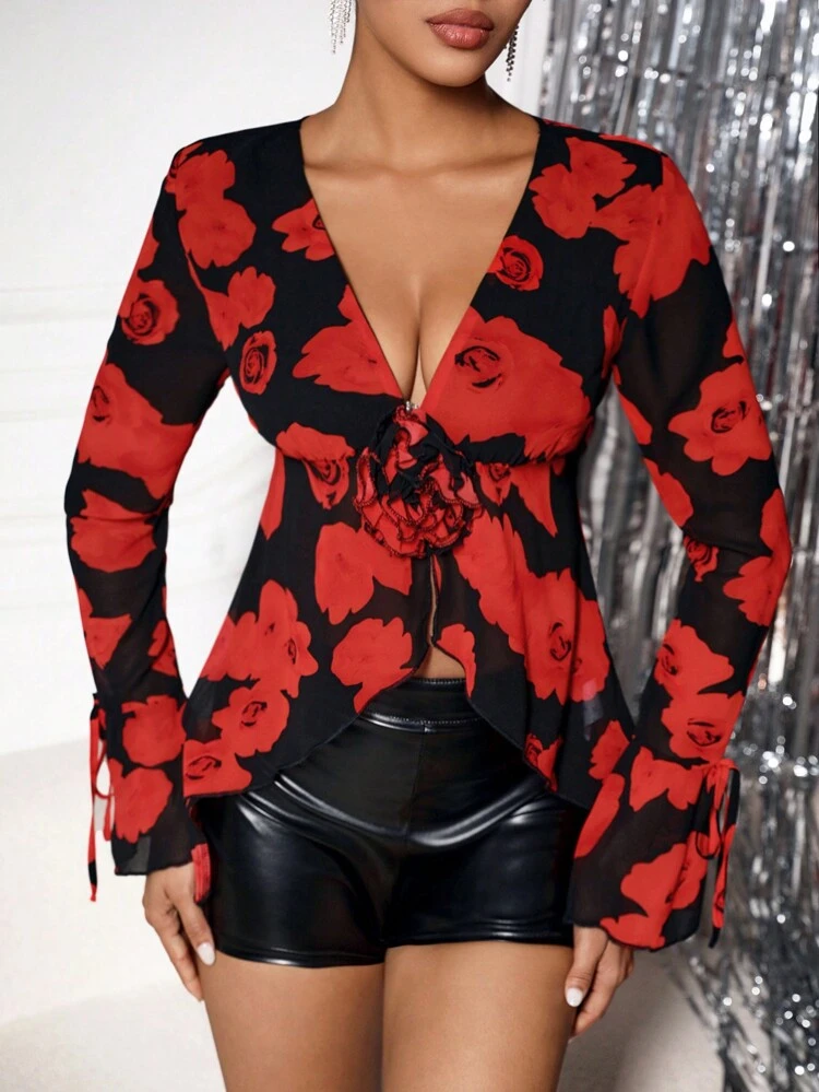 Floral Printing 3d Flower Decor Shirt