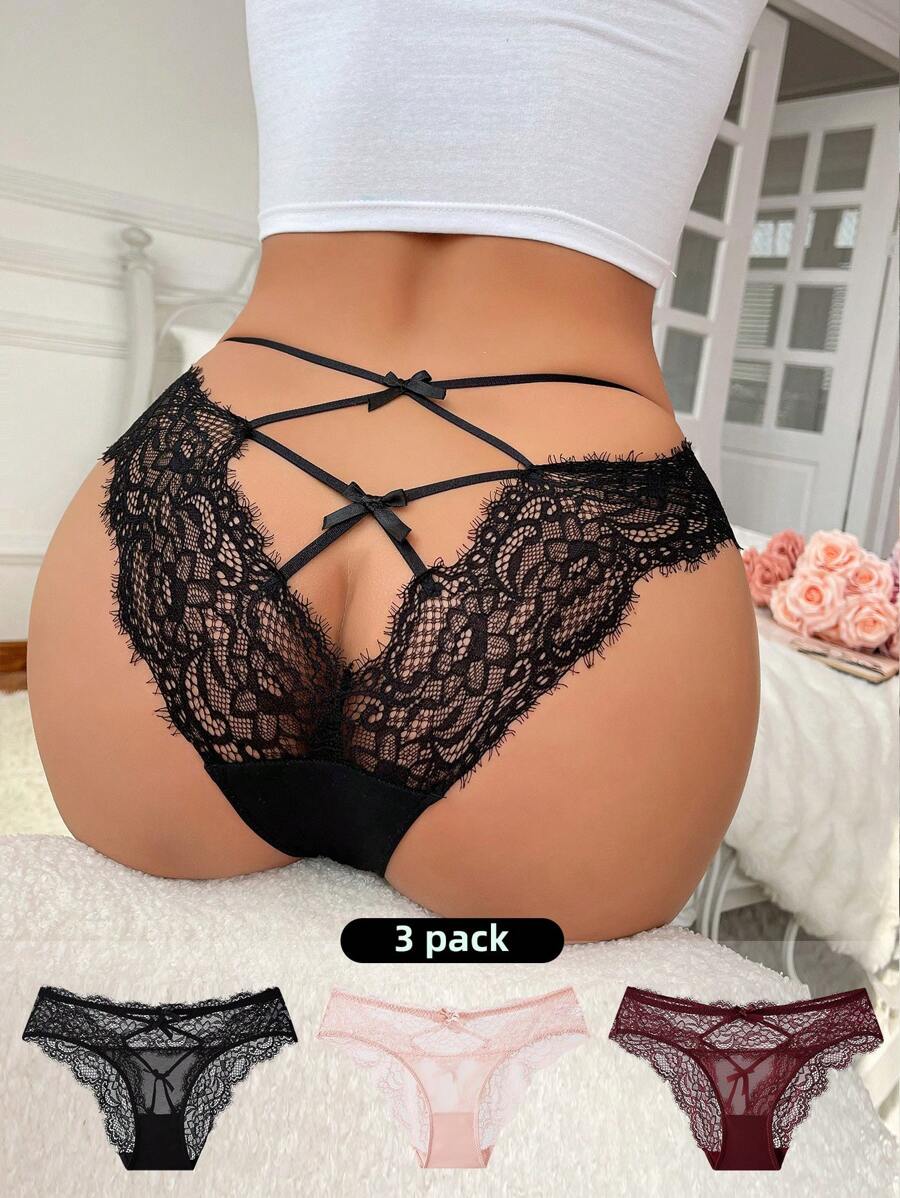 3pcs/Pack Women's Hollow Out Lace Triangle Panties Lingerie - Multicolor - View 1