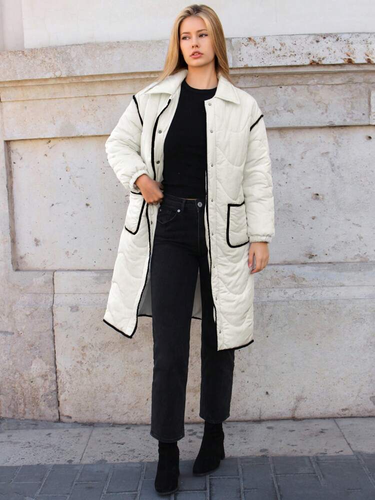 Color Block Loose Padded Mid-Length Coat With Hem Winter White Casual